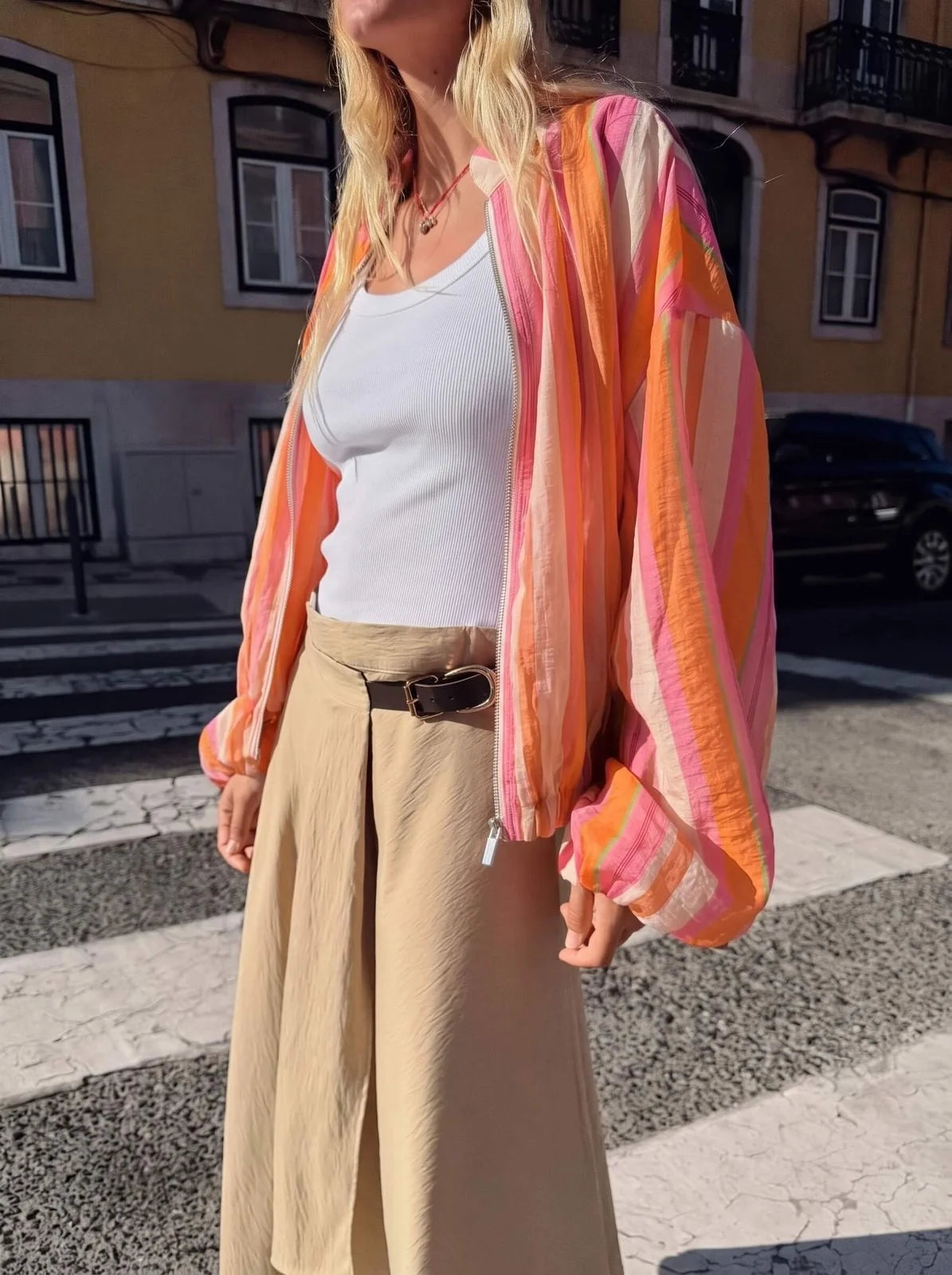 Tropical Stripe balloon Hem Bomber