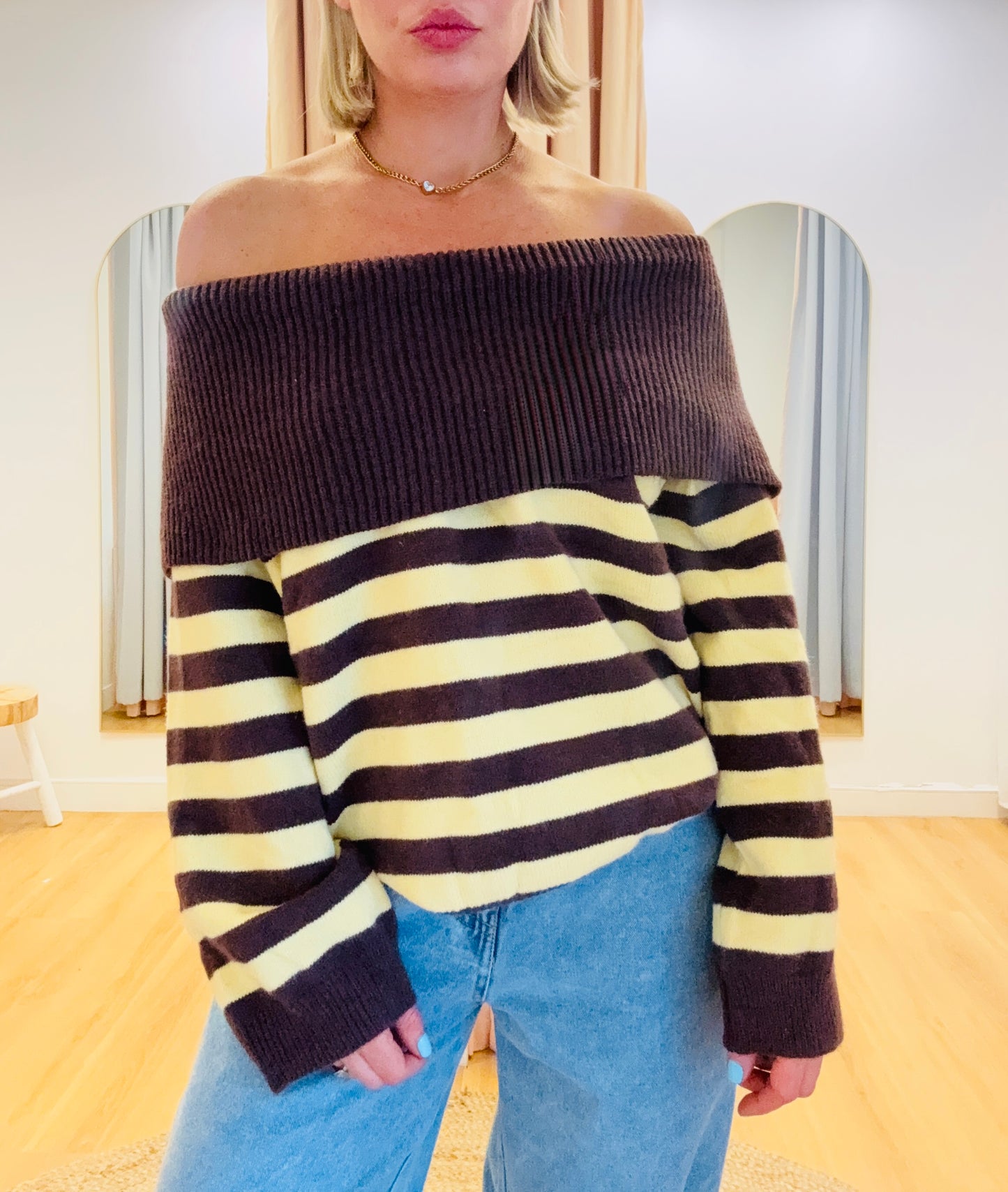 By Frankie/ Off Shoulder Knit- Yellow/Choc