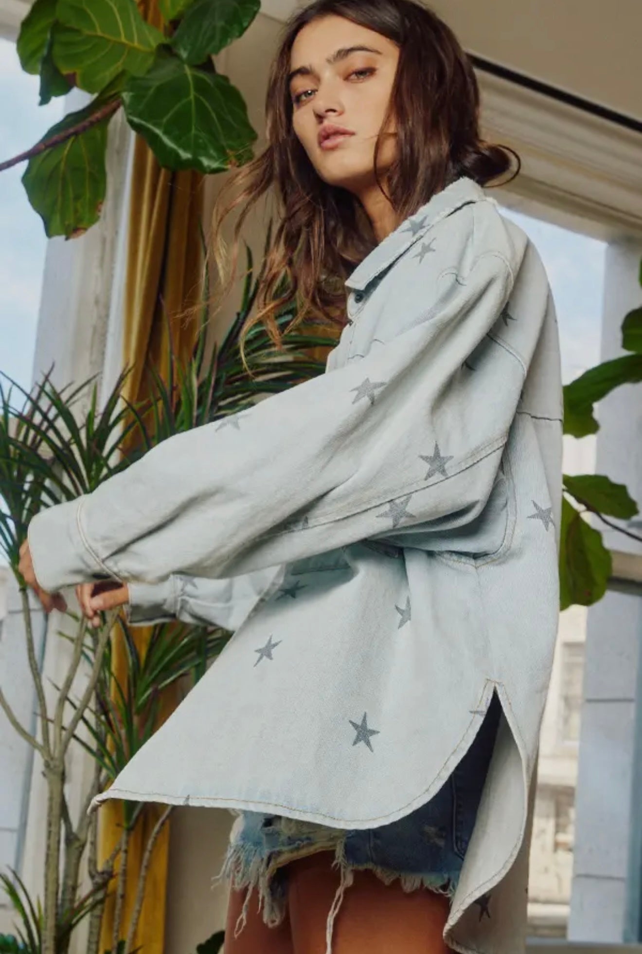 Star Print Denim Washed Shirt Shacket