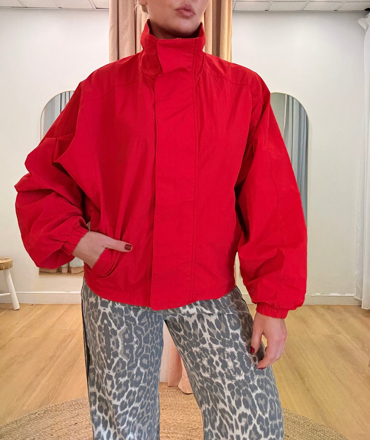 Bowie Funnel Neck Windbreaker- Red