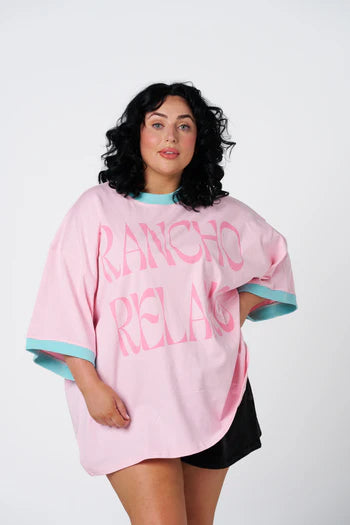 HIBISCUS HOTEL- Pink + Mint Rancho Relaxo Oversized Tee