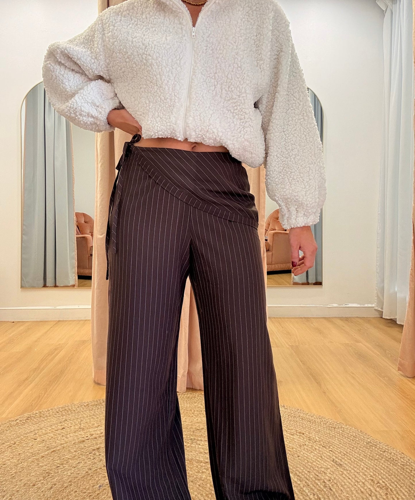 Eve Asymmetrical Pant- Chocolate Pinstripe