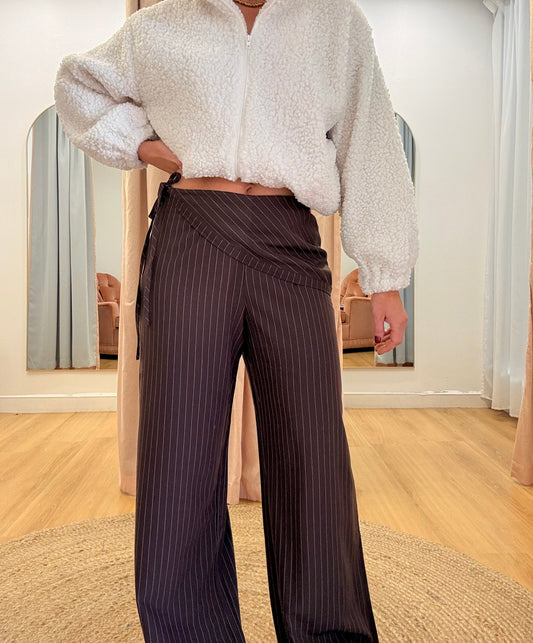 Eve Asymmetrical Pant- Chocolate Pinstripe