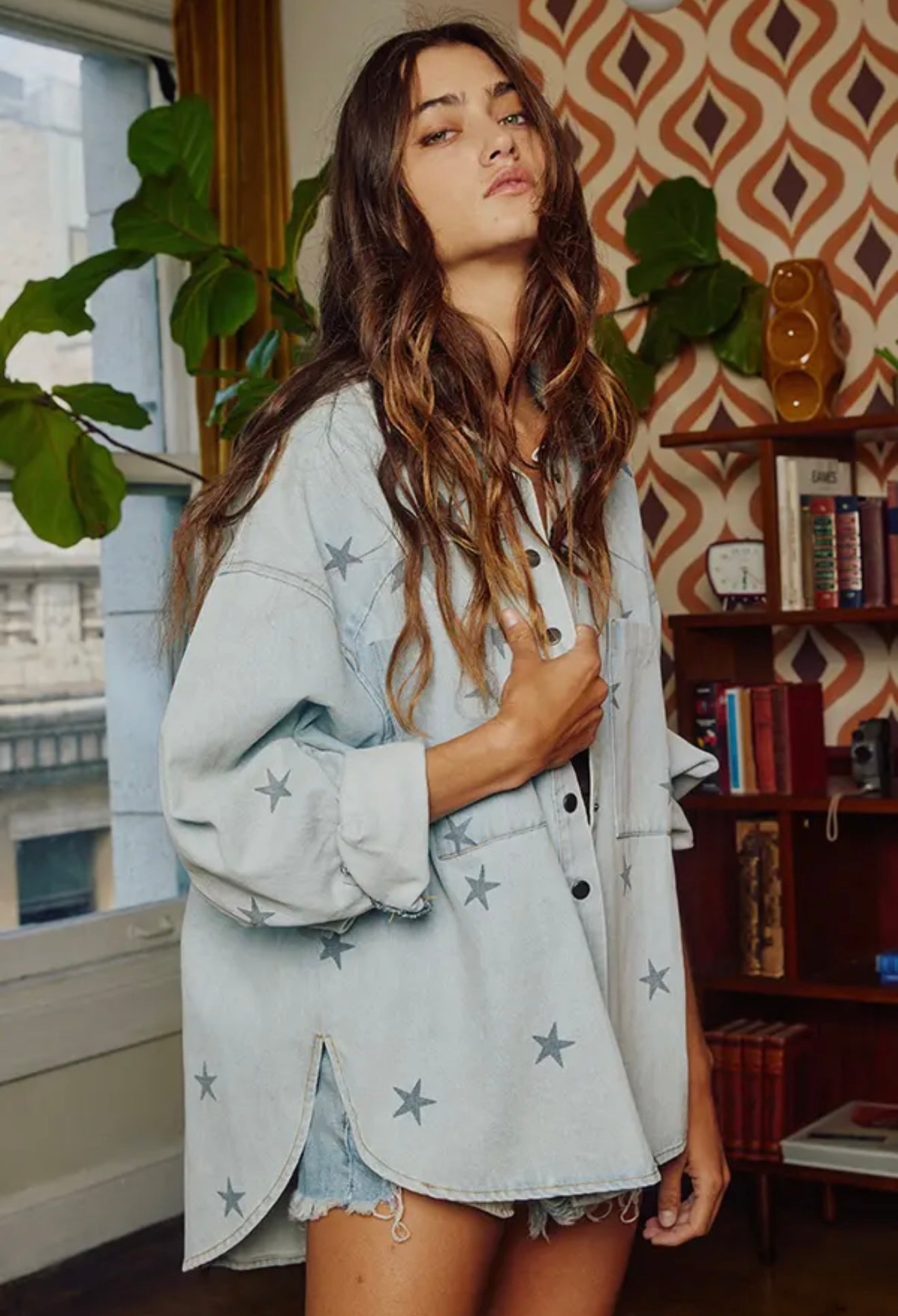 Star Print Denim Washed Shirt Shacket