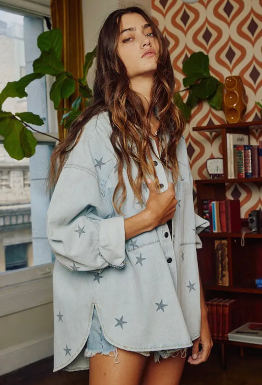 Star Print Denim Washed Shirt Shacket