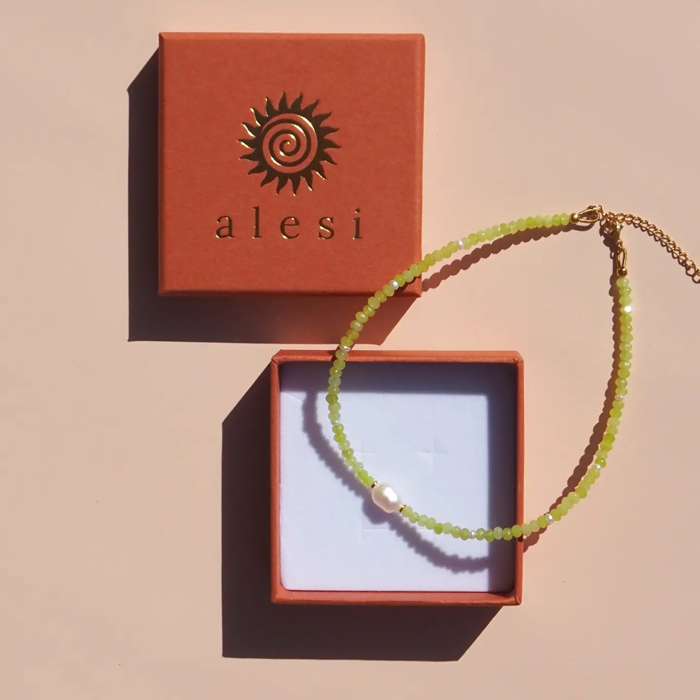 Alesi-Freshwater Pearl with Lime Gemstone Beaded Necklace