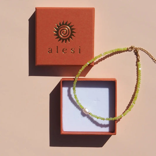 Alesi-Freshwater Pearl with Lime Gemstone Beaded Necklace