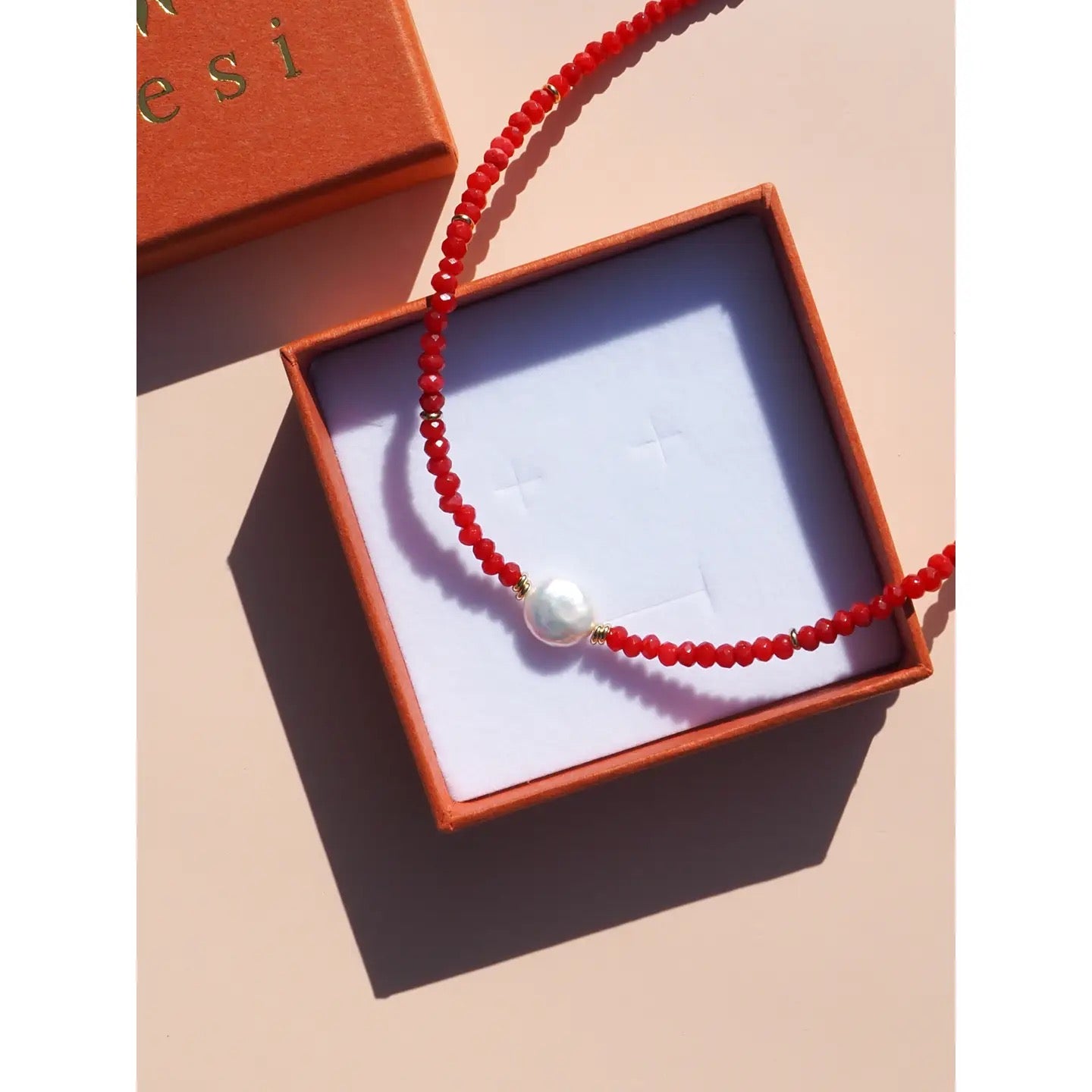 Alesi-Freshwater Pearl with Red Gemstone Beaded Necklace