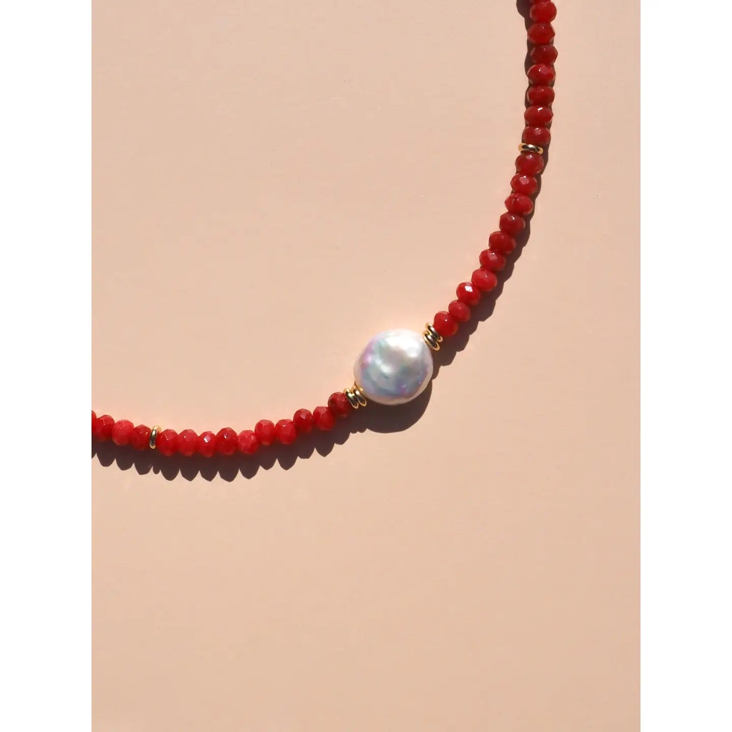 Alesi-Freshwater Pearl with Red Gemstone Beaded Necklace