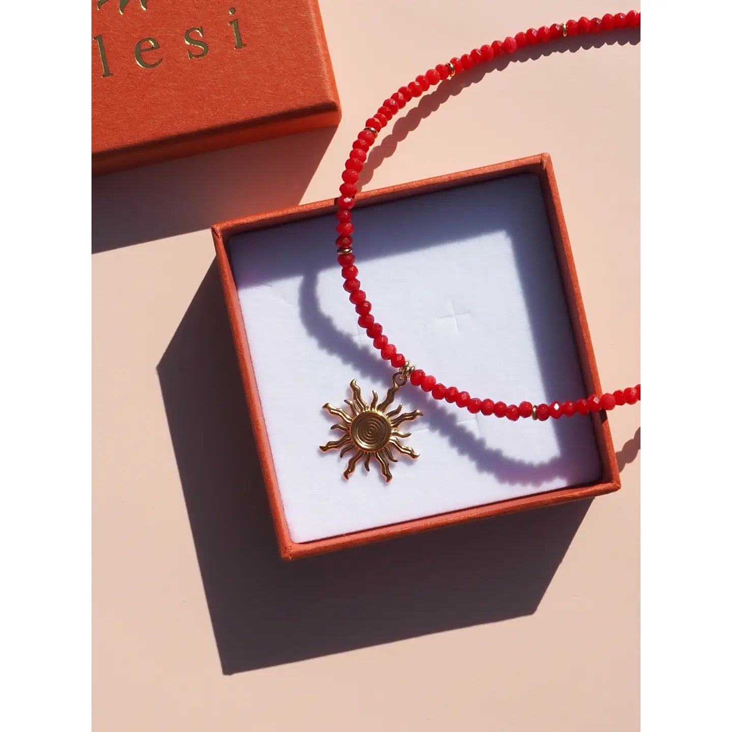 Alesi-Gold Sun with Red Gemstone Beaded Necklace