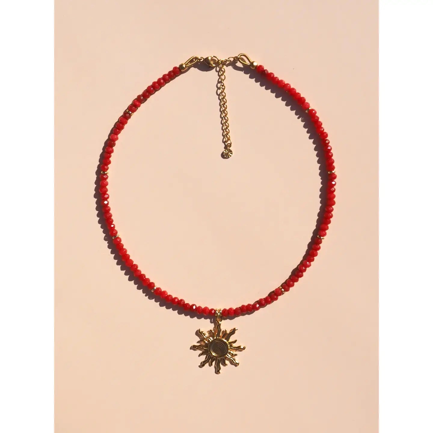 Alesi-Gold Sun with Red Gemstone Beaded Necklace