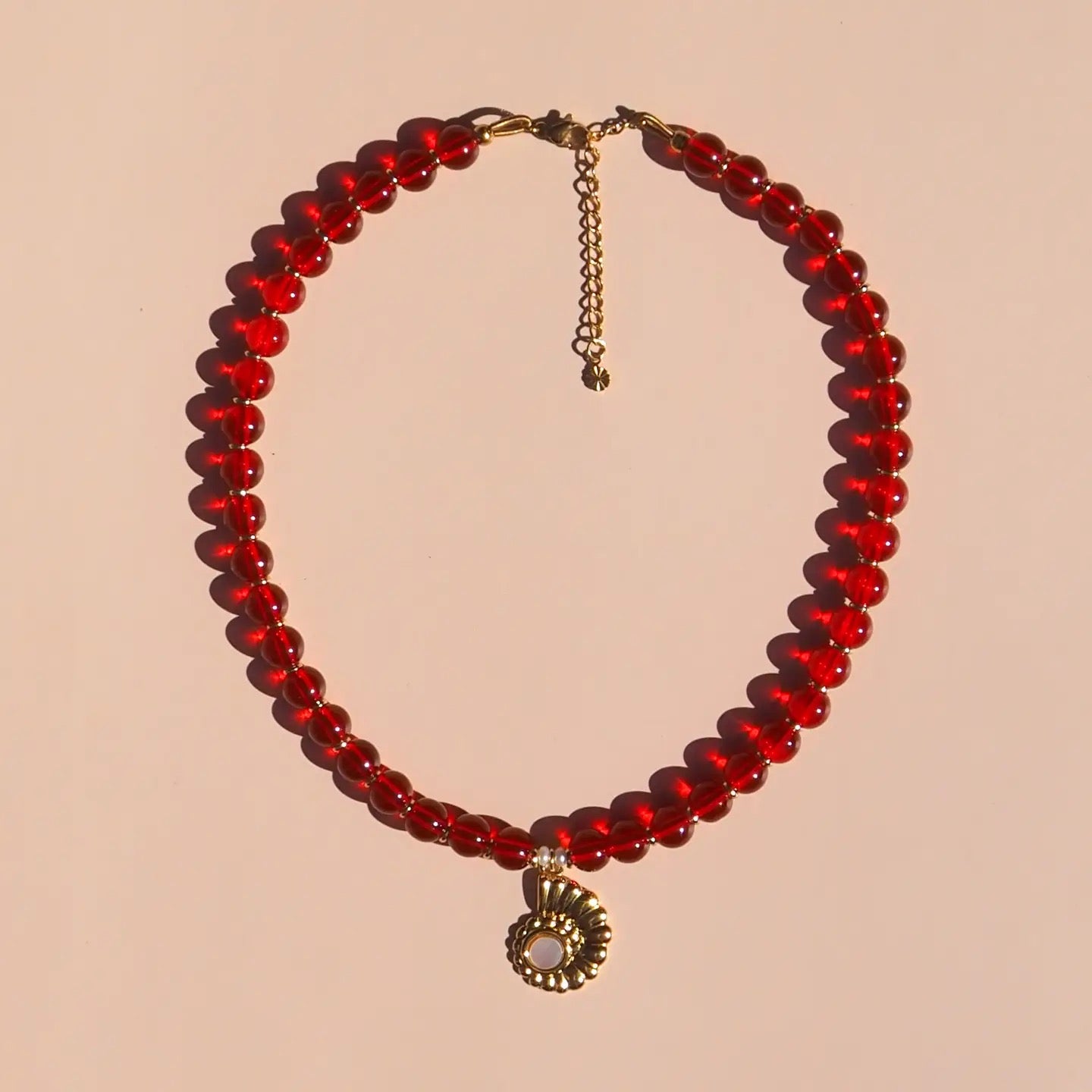 Alesi-Spiral Shell Mother of Pearl Red Beaded Necklace