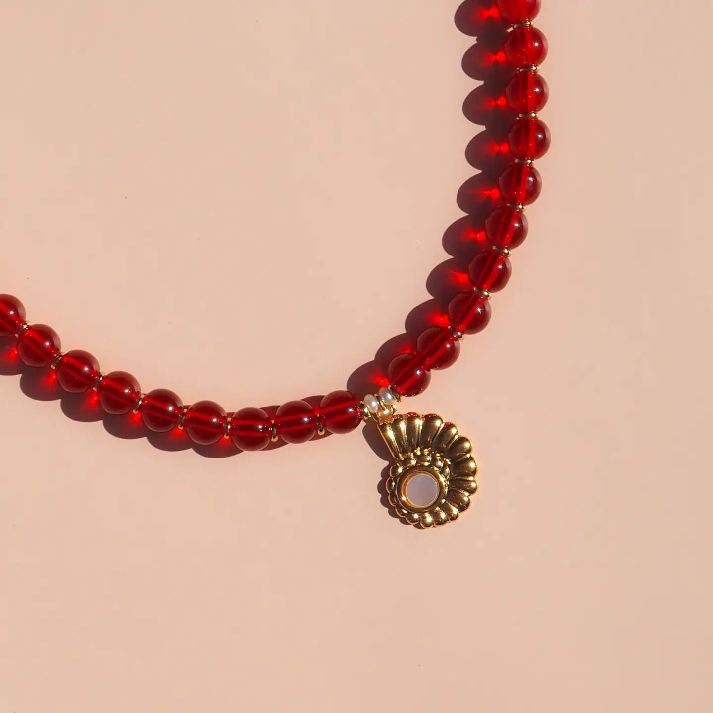 Alesi-Spiral Shell Mother of Pearl Red Beaded Necklace