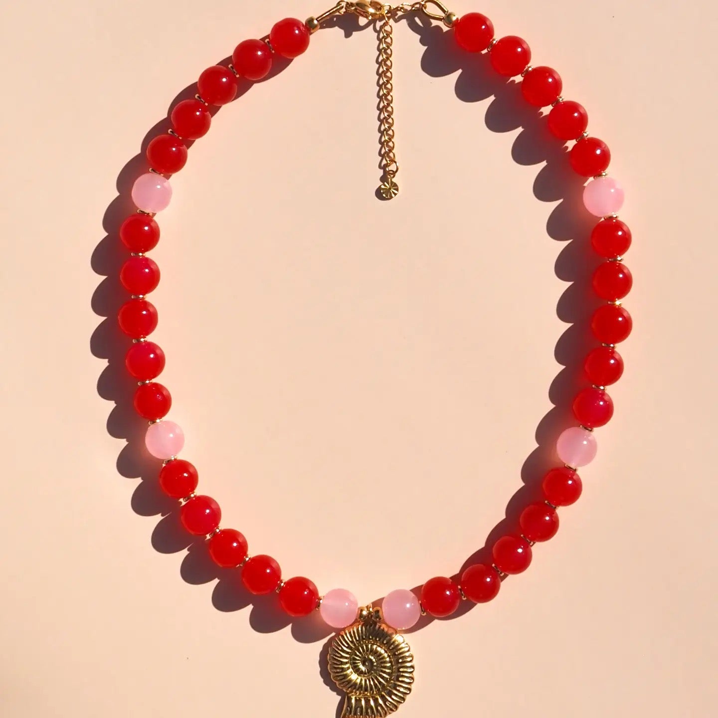 Alesi-Spiral Shell Red & Pink Beaded Necklace