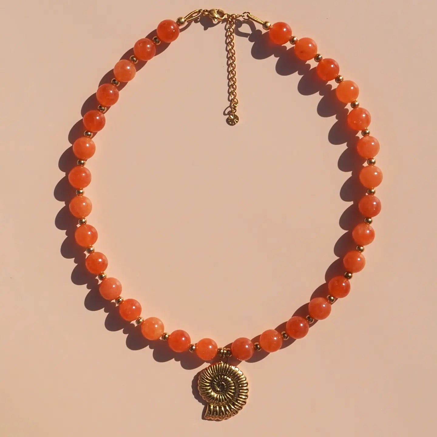 Alesi-Spiral Shell Tangerine Orange Beaded Gemstone Necklace