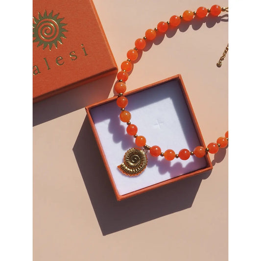 Alesi-Spiral Shell Tangerine Orange Beaded Gemstone Necklace