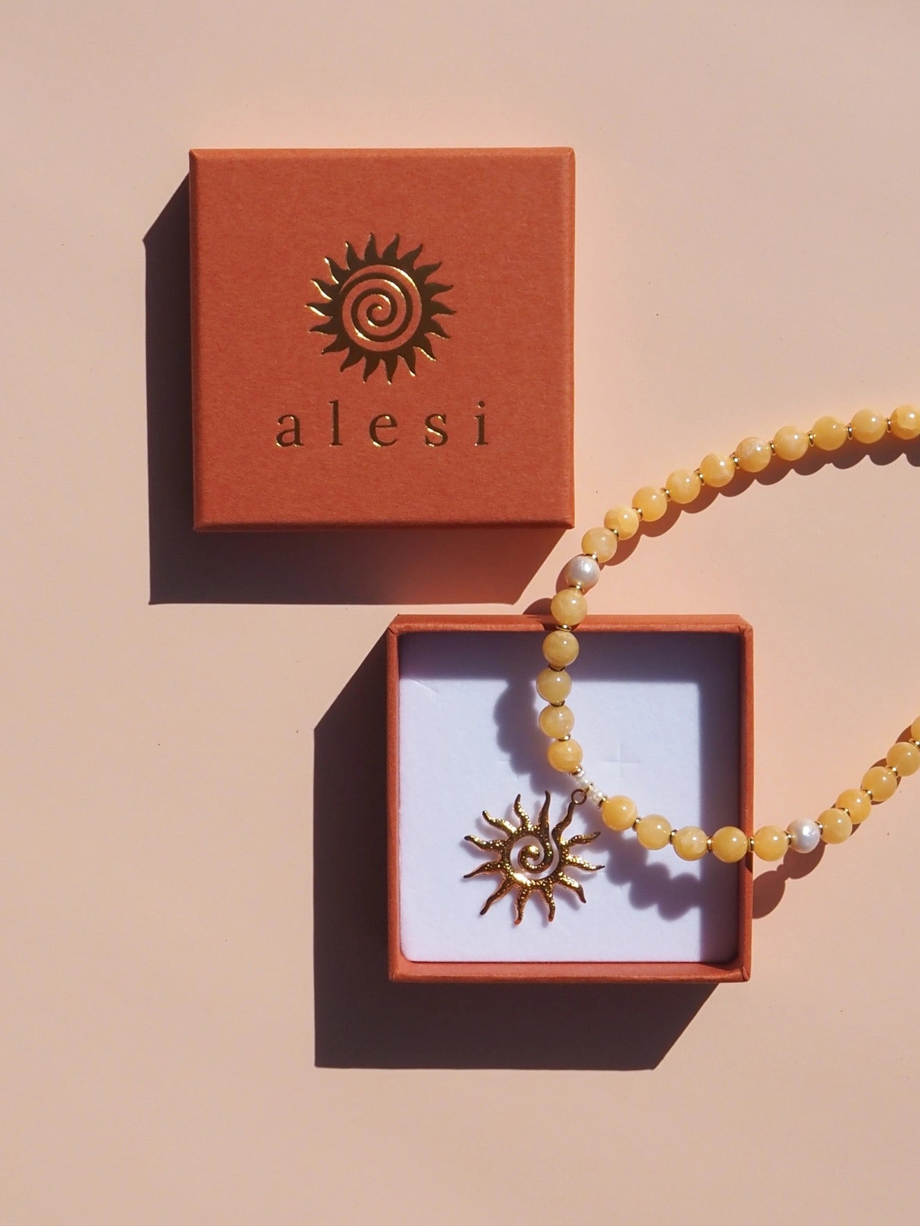 Alesi-Spiral Sun Lemon Yellow Beaded Gemstone Necklace