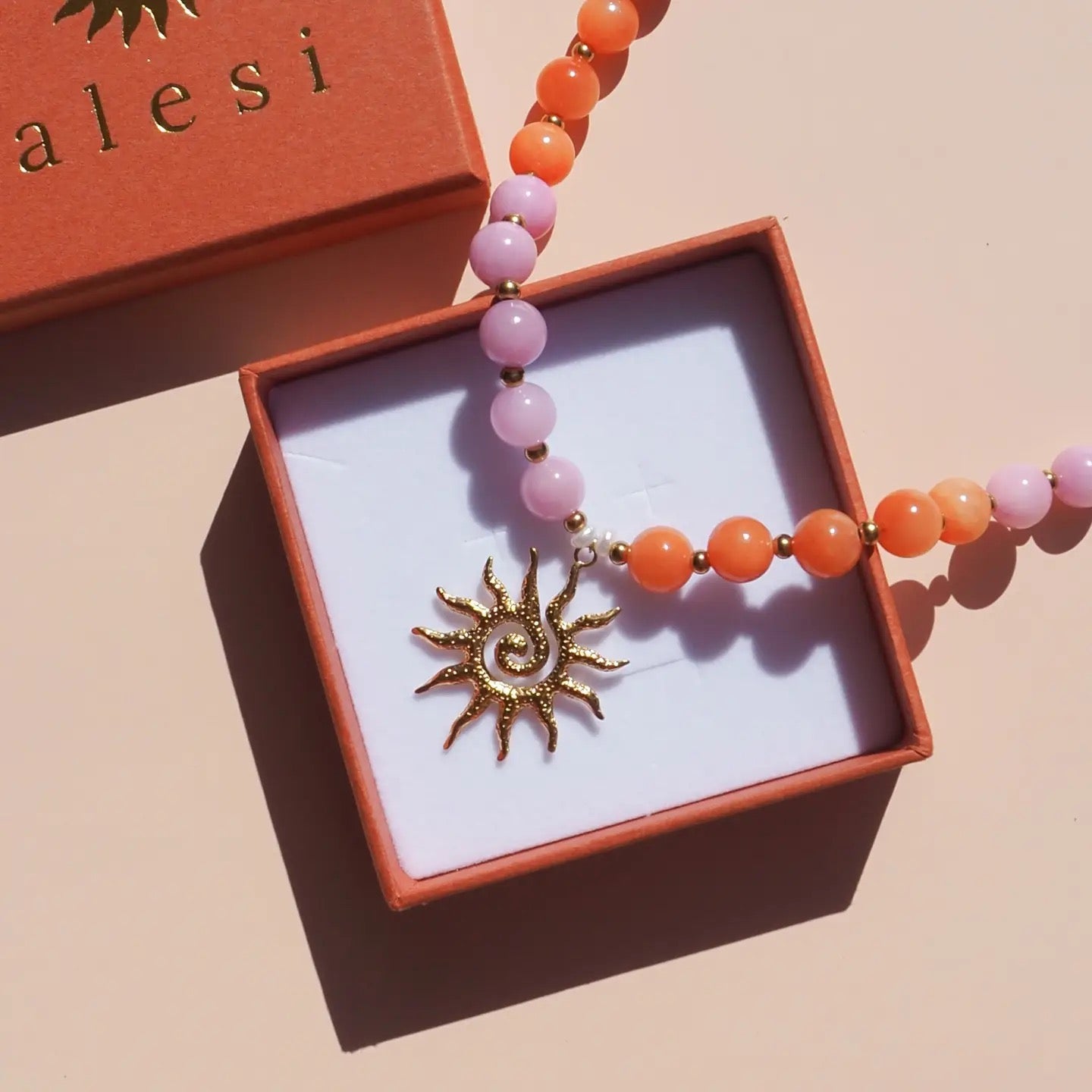 Alesi-Spiral Sun Pink & Orange Beaded Gemstone Necklace