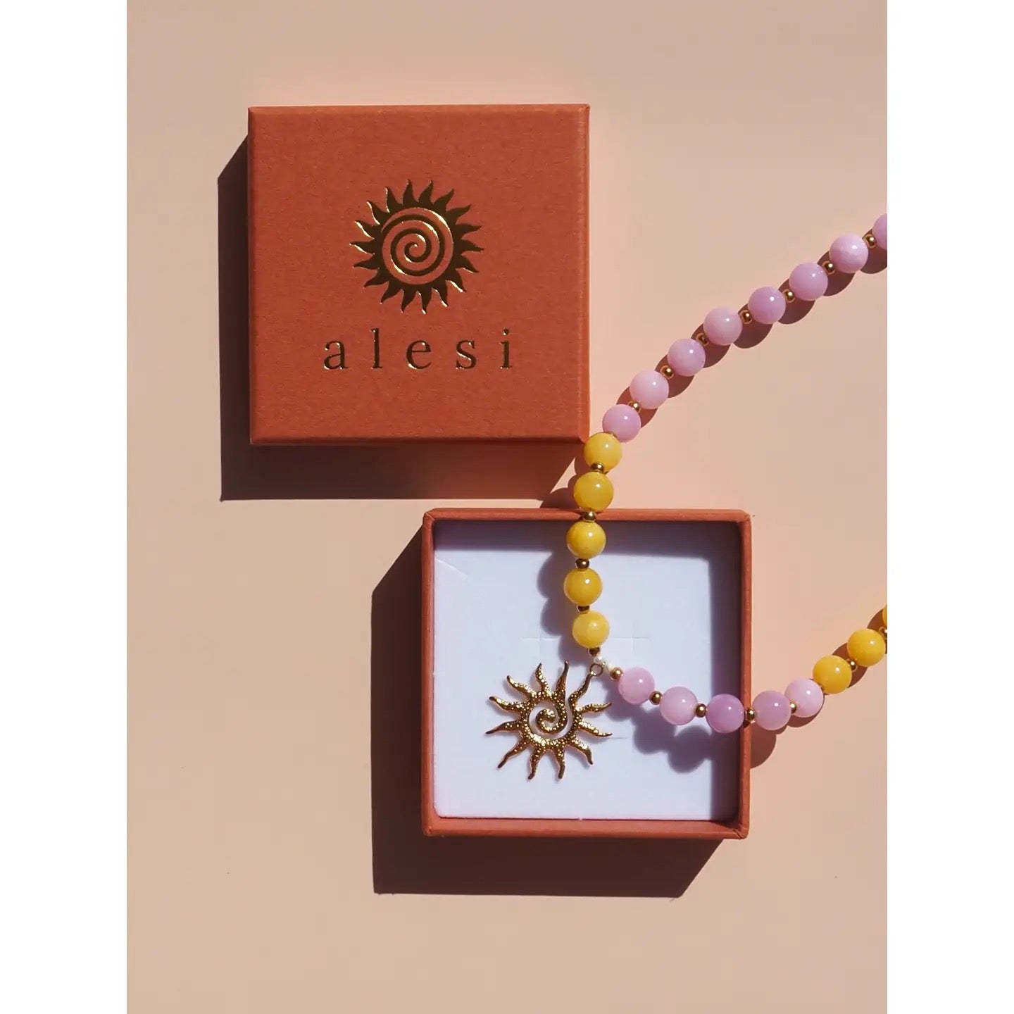 Alesi-Spiral Sun Pink and Yellow Beaded Gemstone Necklace