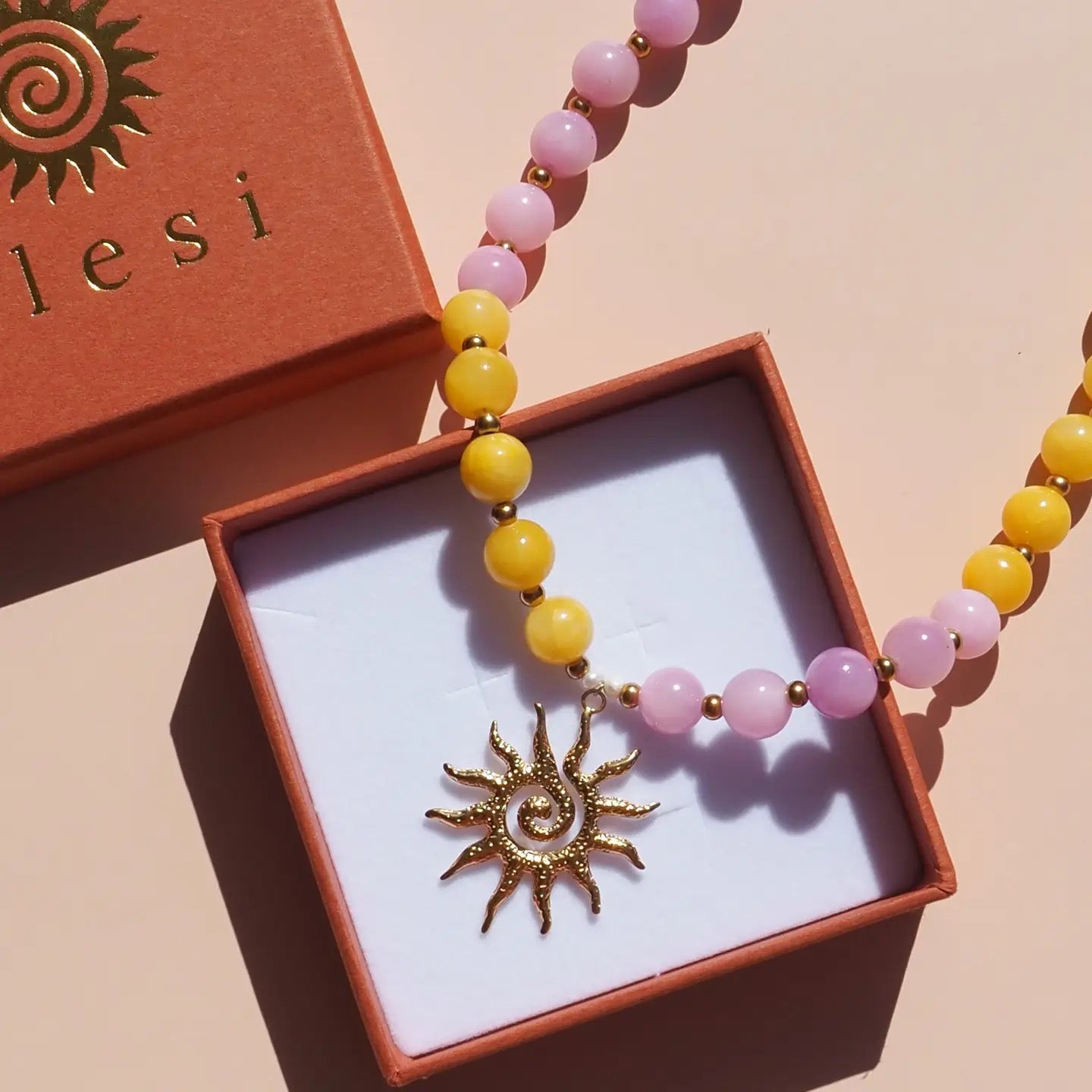 Alesi-Spiral Sun Pink and Yellow Beaded Gemstone Necklace