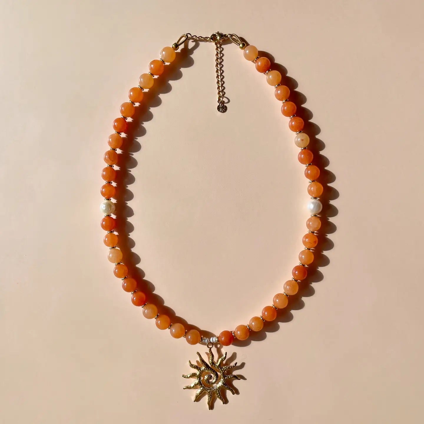 Alesi-Sun Beaded Necklace Red Aventurine with Freshwater Pearls