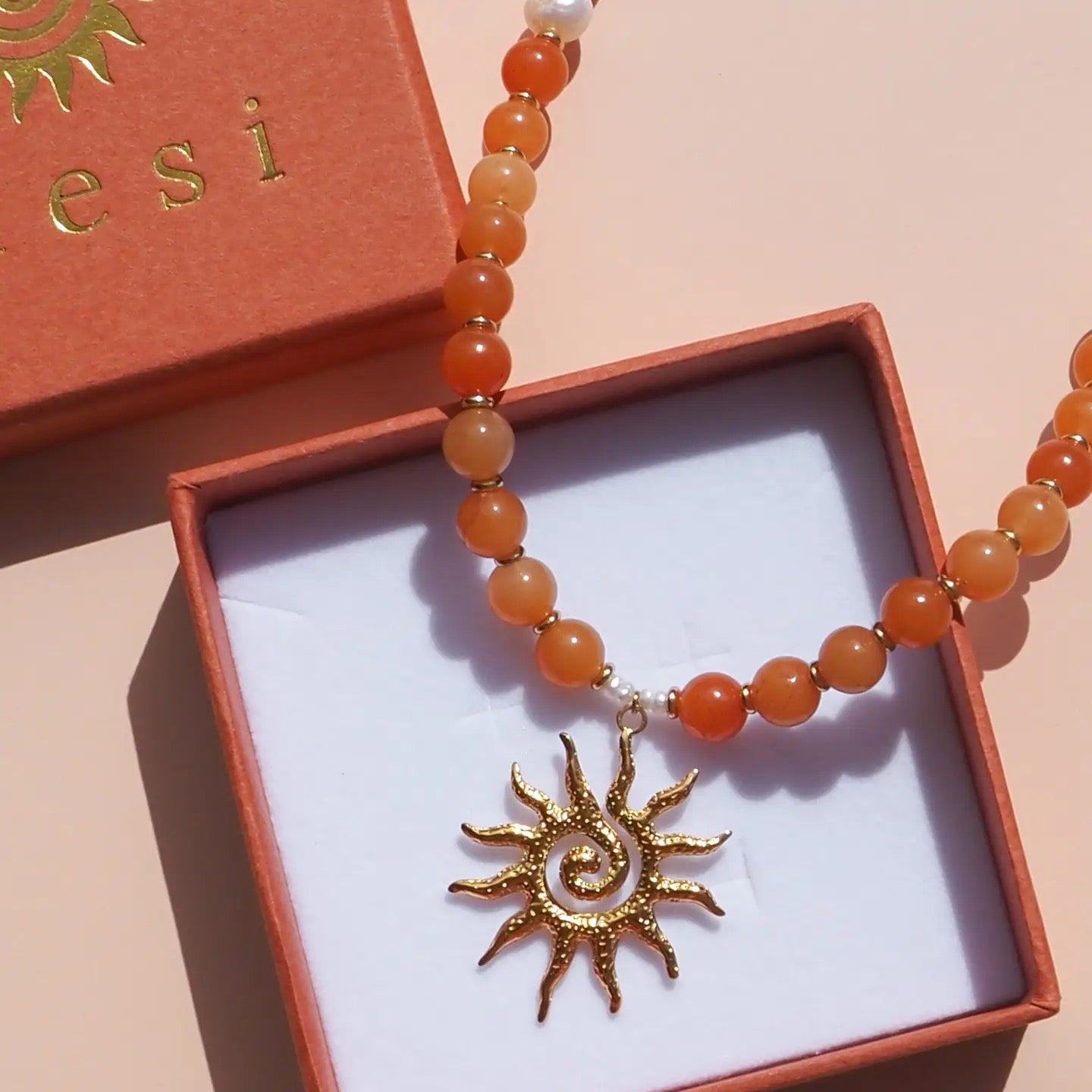 Alesi-Sun Beaded Necklace Red Aventurine with Freshwater Pearls